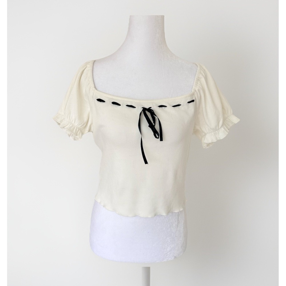 NWT Y2K Milkmaid Ivory Top Size L Ribbed Festival Fairy Coquette Bow